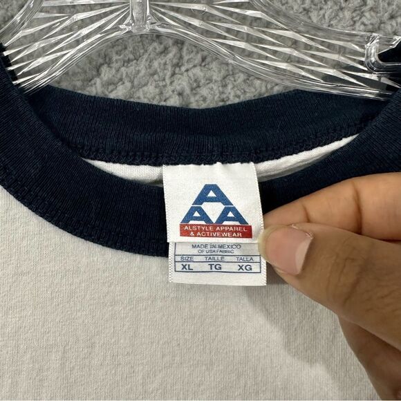 VTG 90s Martell Cognac Wrap Print XL Rise Above White Navy Ringer Tee - Picture 3 of 12